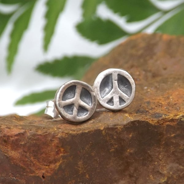 Recycled Sterling Silver Peace Sign Stud Earrings with Black Patina.
