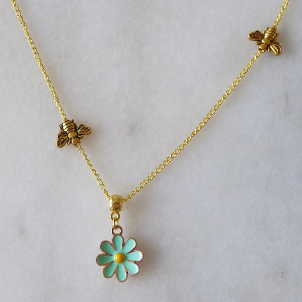 2 Bees and Enamelled Flower Pendant with gold plated Chain
