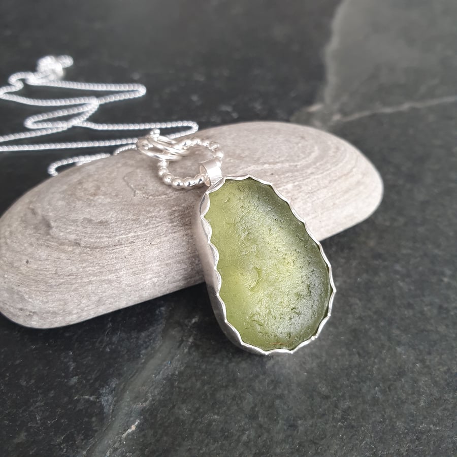 Pale green seaglass pendant, Gift for beach lover, Unusual light olive glass