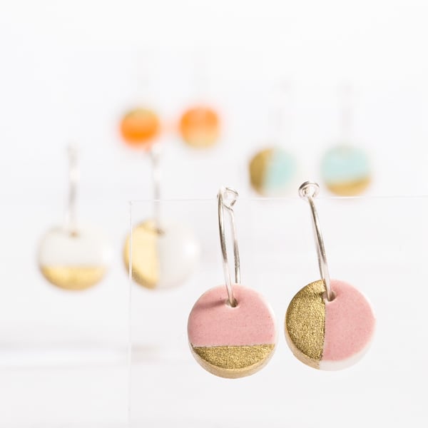 Porcelain Round Dusty Rose & Gold Hoop Earrings 