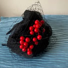 Nancy - Black Net & Red Berry 40s Style Fascinator Hat