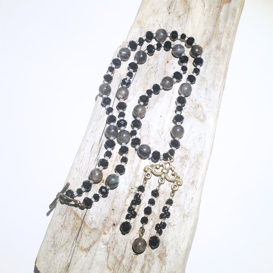 Black Crystal and Dark Gemstone Chandelier Drop Necklace - UK Free Post