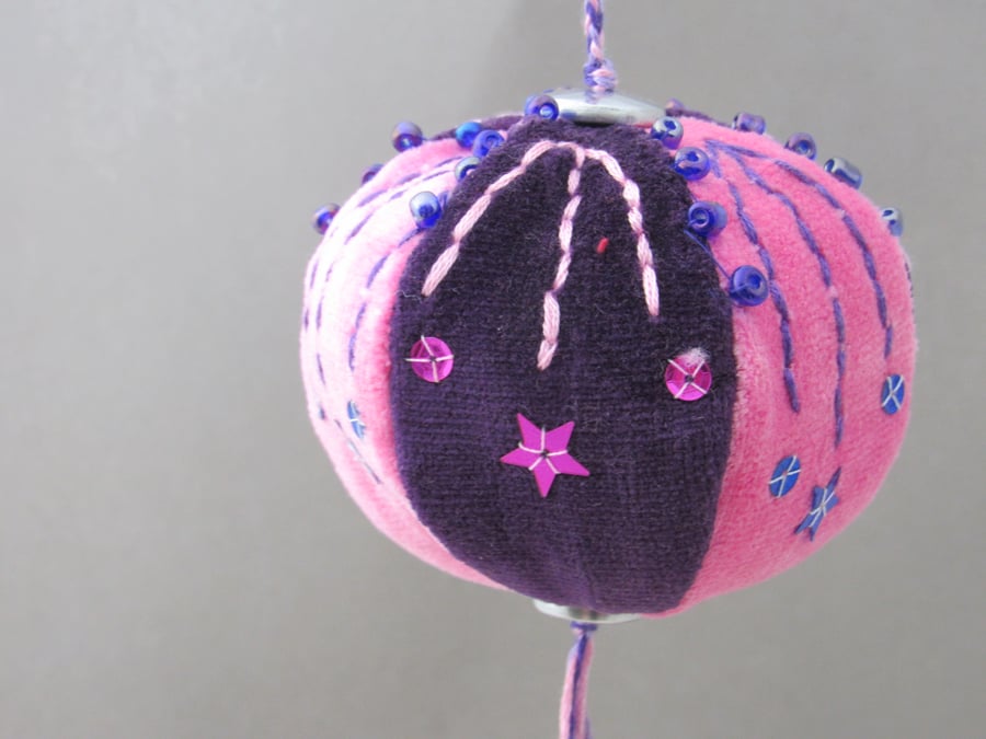Beaded Pink and Purple Velvet Hanging Bauble