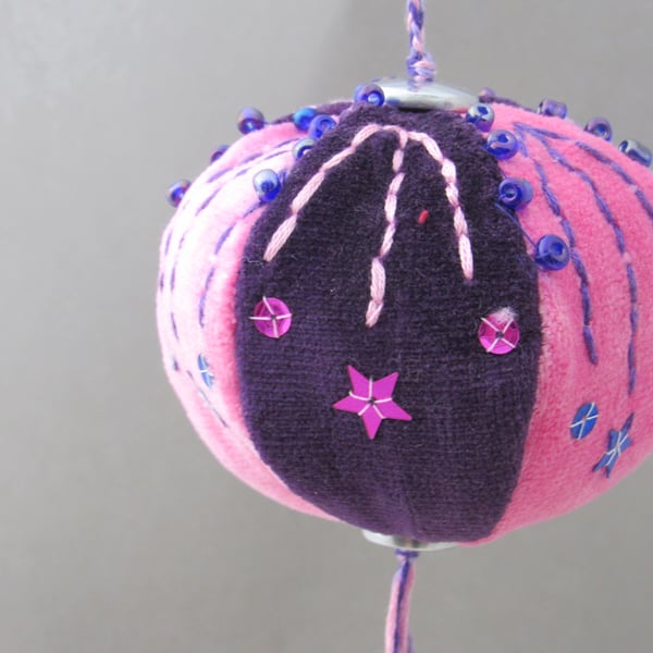 Beaded Pink and Purple Velvet Hanging Bauble