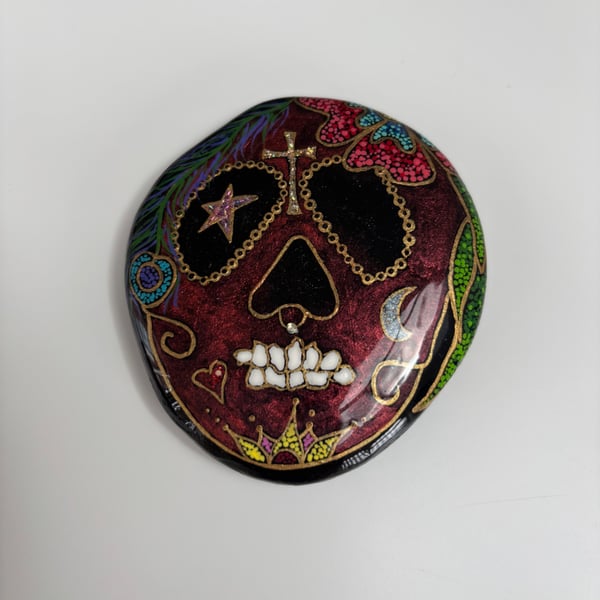 Sugar skull painted rock