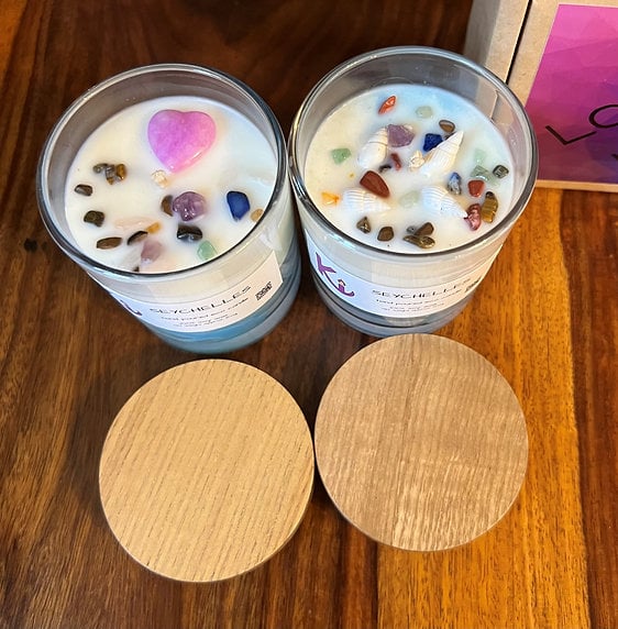Seychelles scented soy candle in a glass jar with a wooden lid 