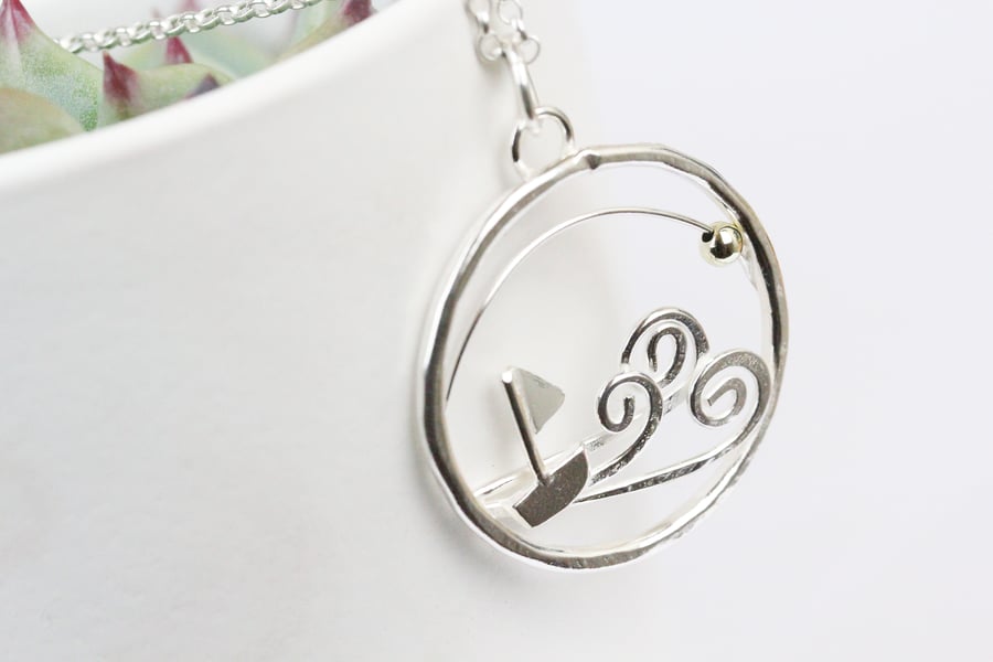 Reserved for Marilyn- Kinetic Fun Boat and Waves Silver and Gold Necklace. 