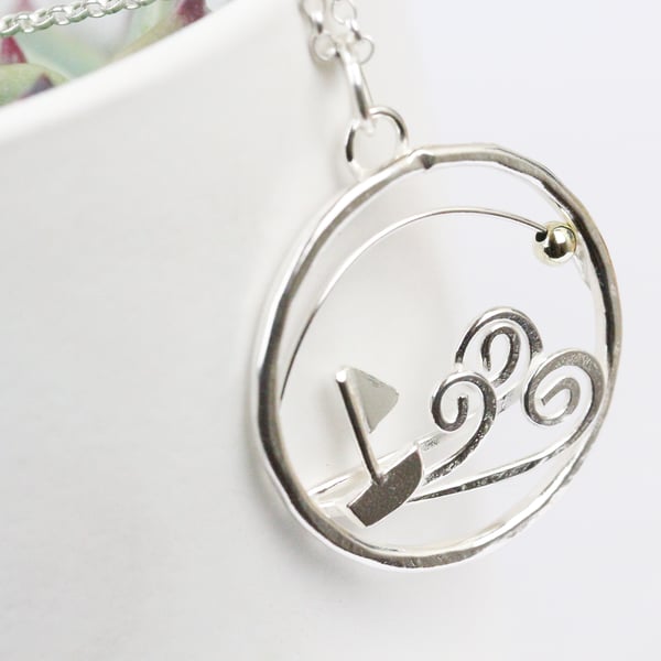 Reserved for Marilyn- Kinetic Fun Boat and Waves Silver and Gold Necklace. 
