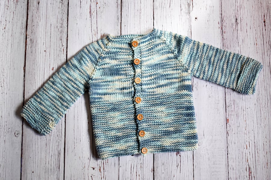 SOLD Hand Knitted Cotton cardigan variagated blue and cream 12-18 months