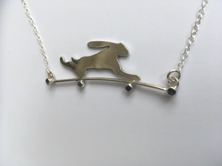 Sterling silver and Iolite leaping Hare necklace