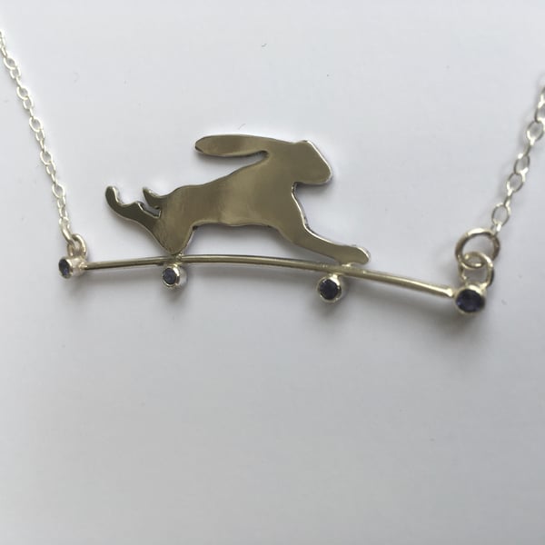 Sterling silver and Iolite leaping Hare necklace