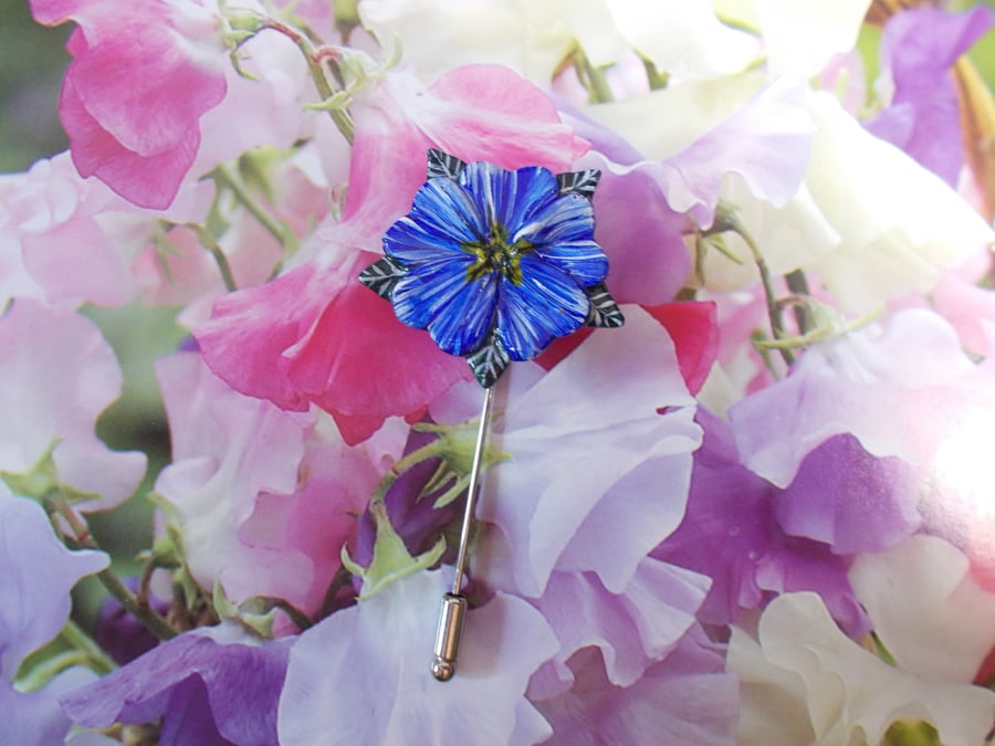 Pretty BLUE ALPINE FLOWER PIN Wedding Lapel Flower Brooch HANDMADE HAND PAINTED