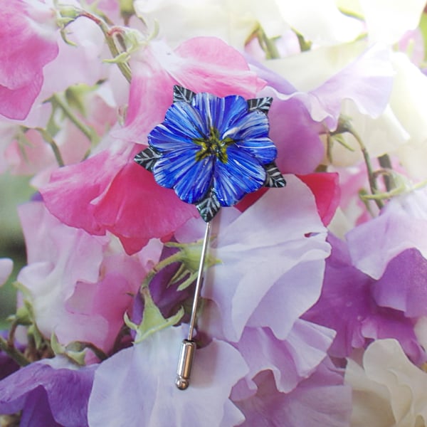 Pretty BLUE ALPINE FLOWER PIN Wedding Lapel Flower Brooch HANDMADE HAND PAINTED
