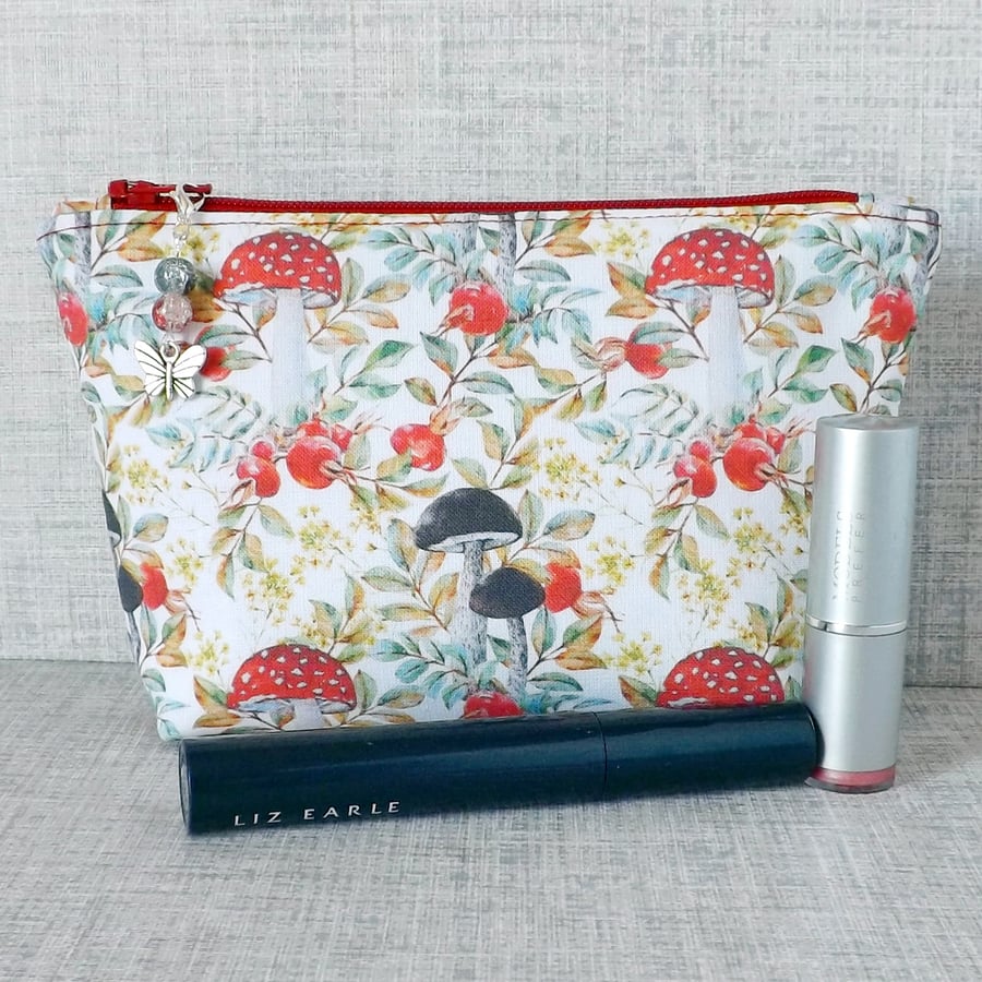 Makeup bag, zipped pouch, cosmetic bag, mushrooms