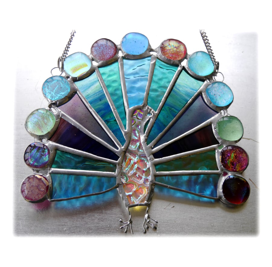 Peacock Suncatcher Dichroic Stained Glass Fanned Tail