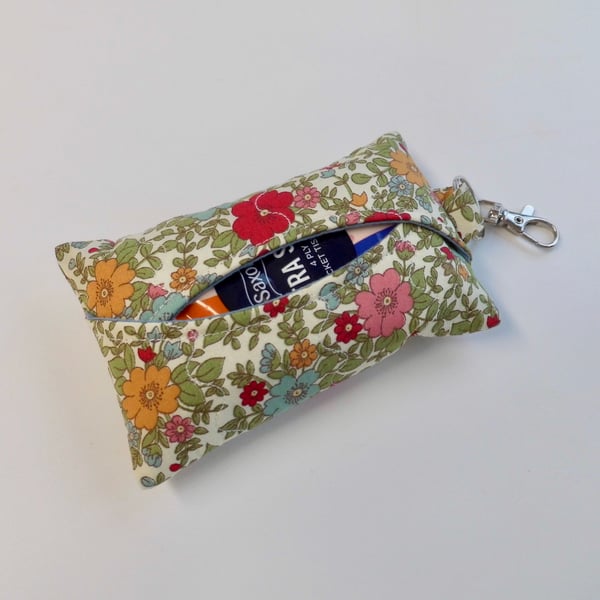 Key ring tissue holder for tissues or hankie in floral print fabric 