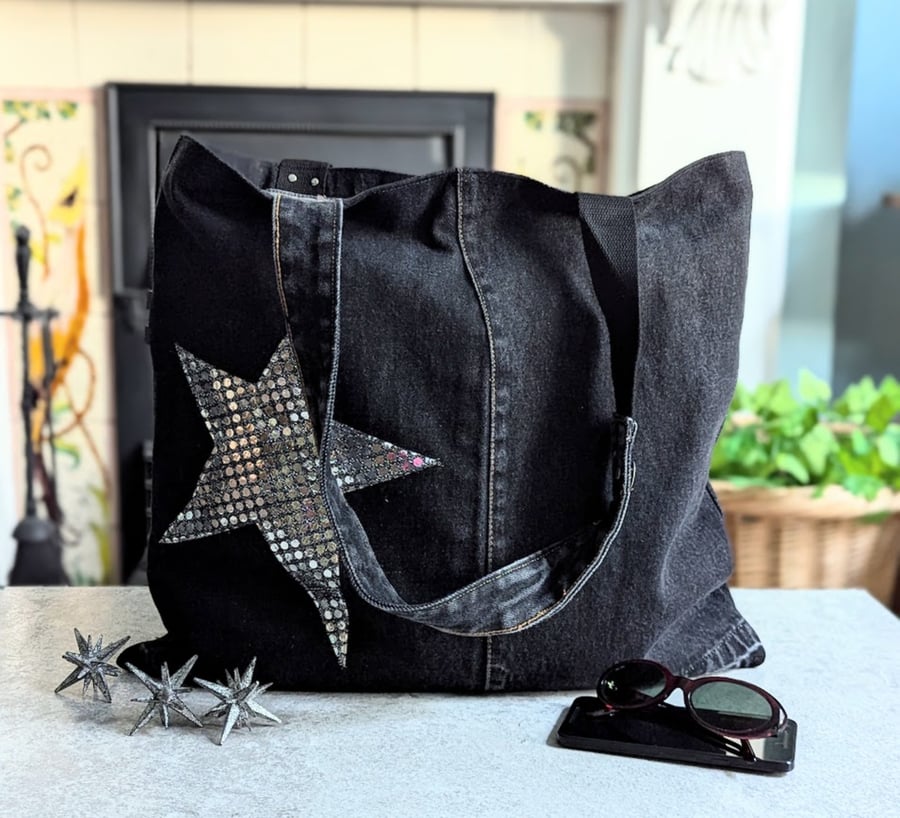 Denim Large Tote Bag. Recycled Black Denim Shoulder Tote Bag with Silver Star