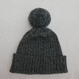 Ribbed Bobble Hat in Blue Tweed 4 ply Wool  with Large Pompom. 