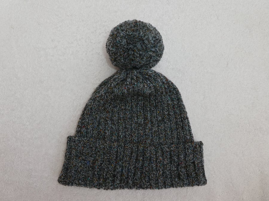 Ribbed Bobble Hat in Blue Tweed 4 ply Wool  with Large Pompom. 