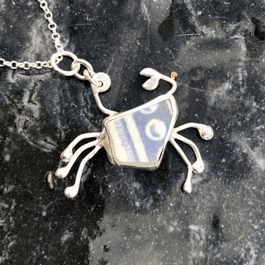 Blue & White Sea Pottery & Sterling Silver Crab Pendant Necklace - 1263