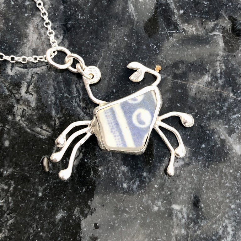Blue & White Sea Pottery & Sterling Silver Crab Pendant Necklace - 1263