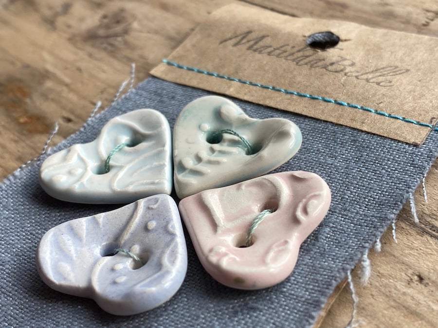 Set of 4 Handmade Ceramic Pastel Heart Buttons