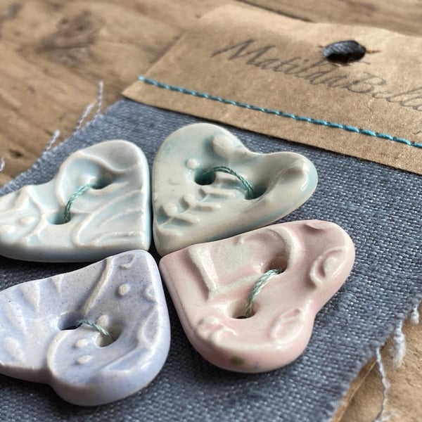 Set of 4 Handmade Ceramic Pastel Heart Buttons