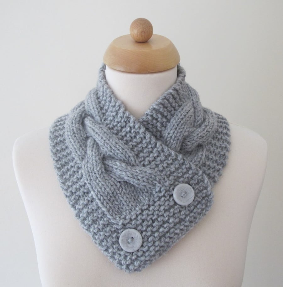 Cosy Hand Knitted Buttoned Scarf Cowl shade - pale grey 