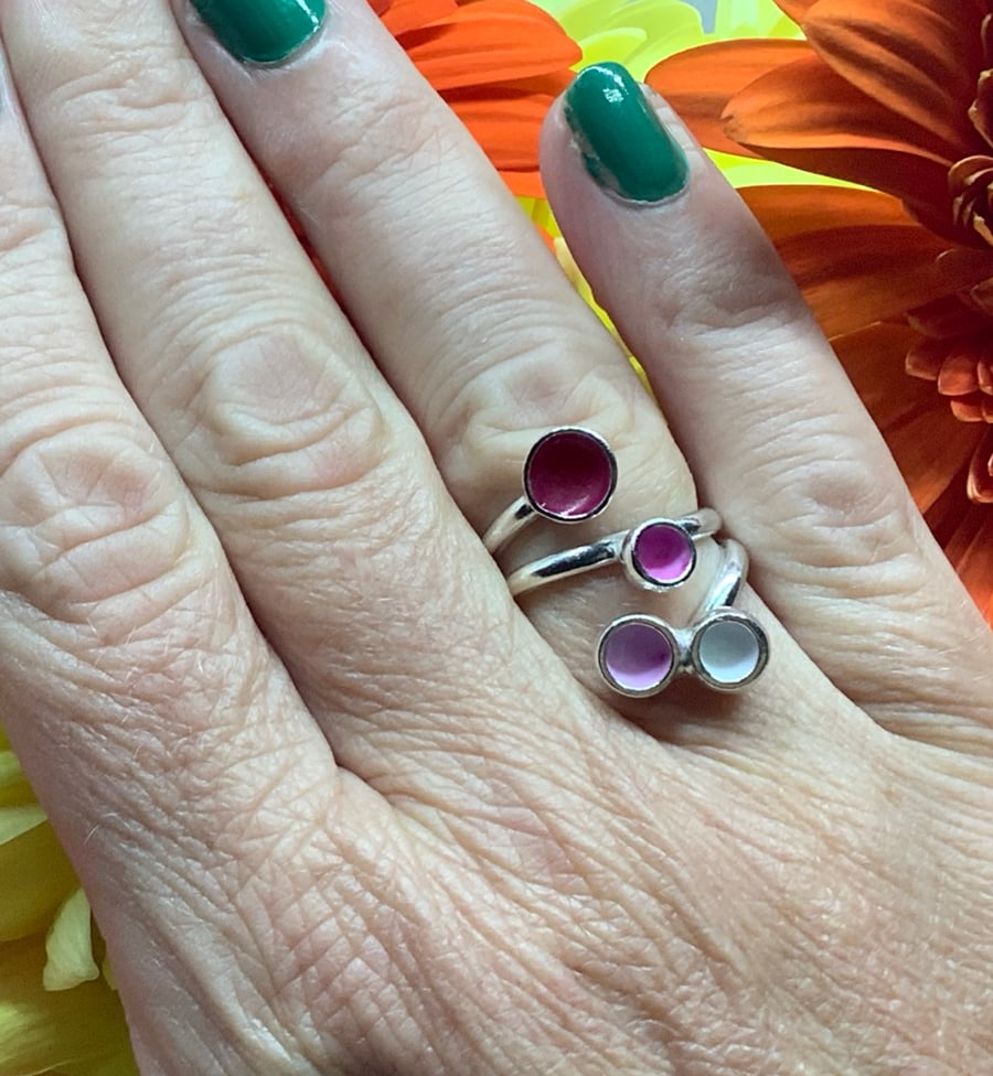 Sterling silver shades of pink enamel adjustable ring