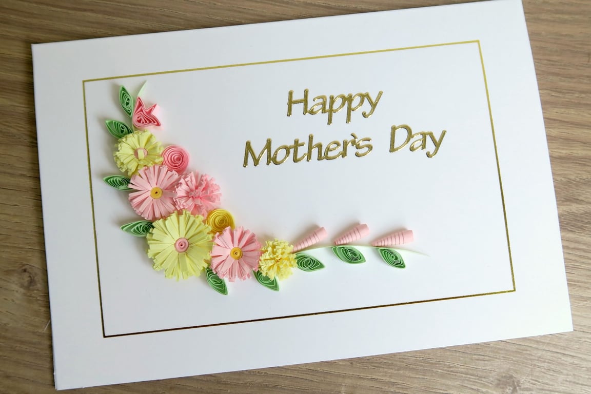 Mother's day card for mum, handmade with pink and lemon quilled flowers