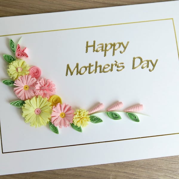 Mother's day card for mum, handmade with pink and lemon quilled flowers