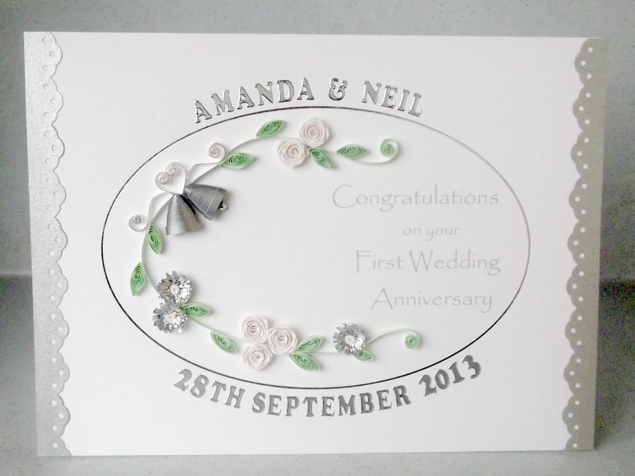 Happy first 1st anniversary card, handmade with paper quilling
