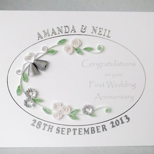 Happy first 1st anniversary card, handmade with paper quilling