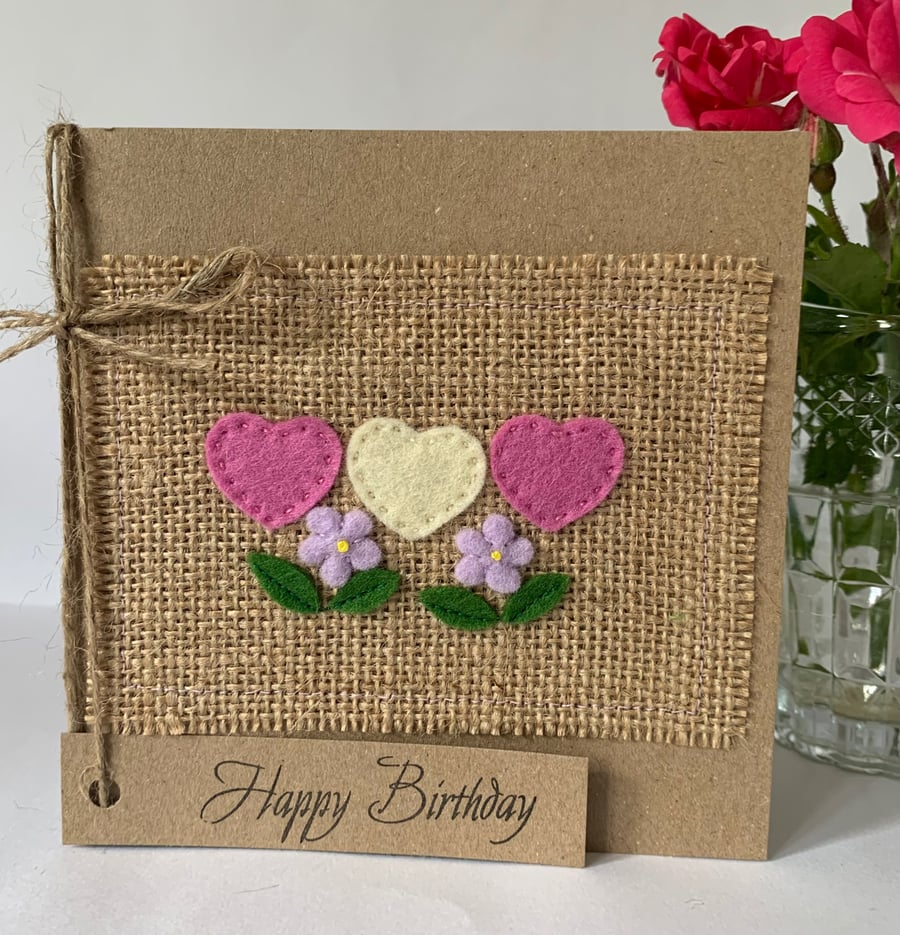 Handmade Birthday card. Hearts and flowers from wool felt. Keepsake card.