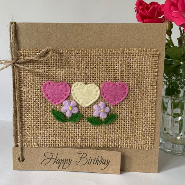 Handmade Birthday card. Hearts and flowers from wool felt. Keepsake card.