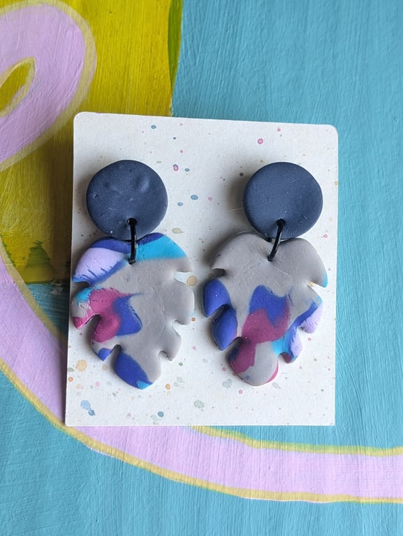 Statement earrings, grey, blue pink and turquoise, polymer clay earrings