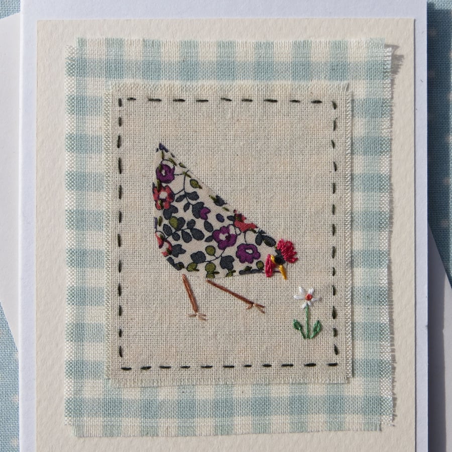 Pretty little hand-stitched hen card, gingham background - card to keep!