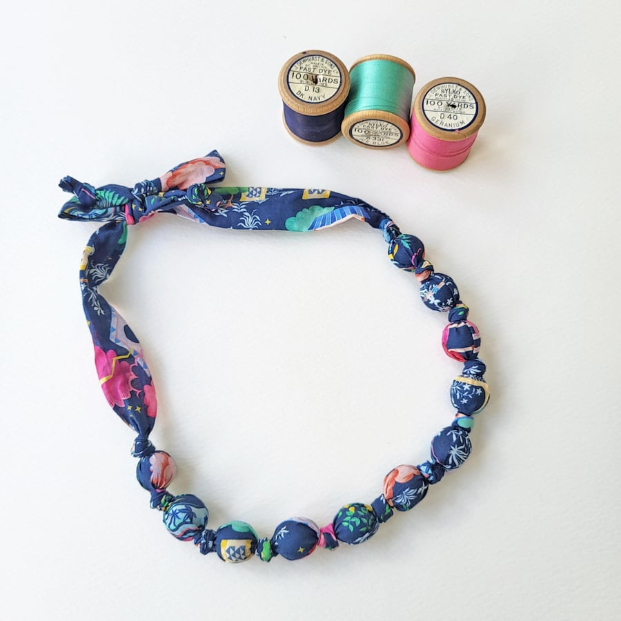 Navy Multi-Coloured Magical Gardens Liberty Print Fabric Necklace -Kingdom Print