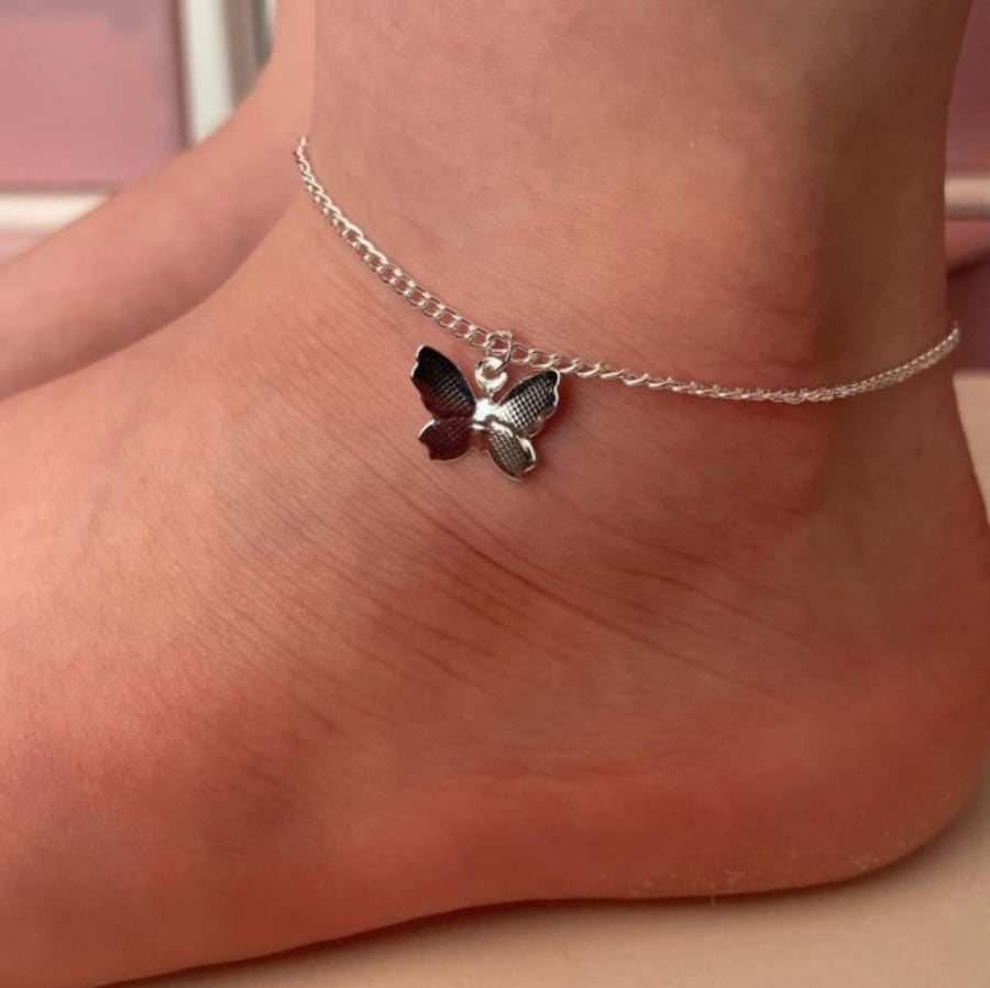 Butterfly silvertone curb chain anklet 3d charm anklet butterfly pendant charm 