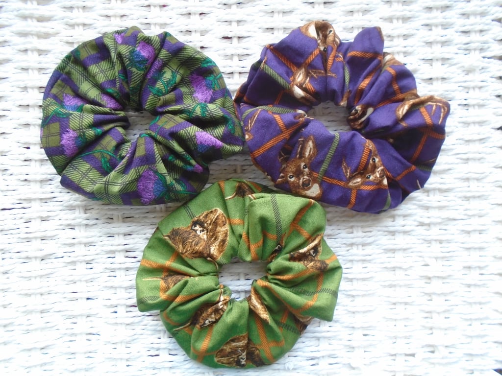 Set of 3 Scottish Themed Hair Scrunchies Stags Cows & Thistles 