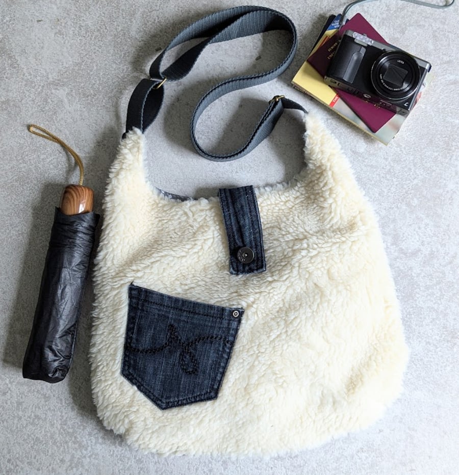 Denim and Borg Style Fleece Bag - Recycled Jeans Cross Body Teddy Fleece Hobo