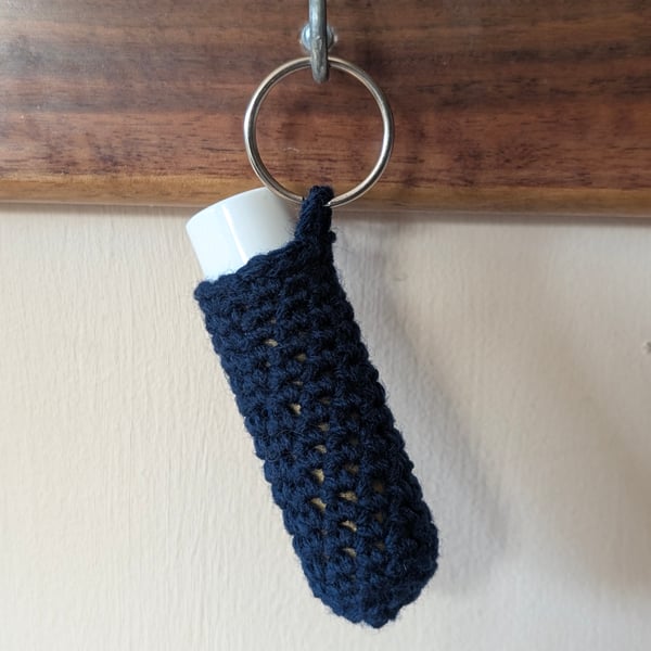 Handmade crochet lipbalm holders used as a keyring - bagcharm -navy