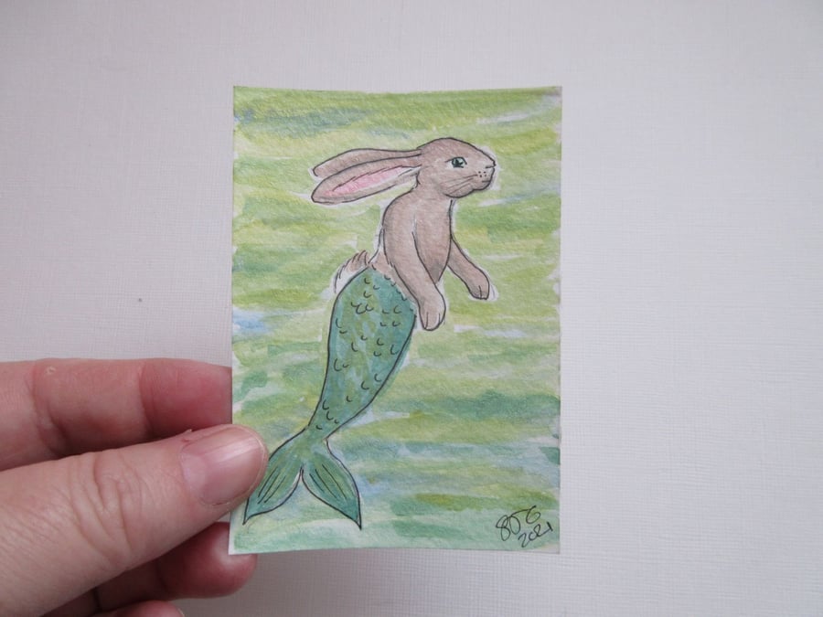 Merbunny ACEO Miniature Painting Watercolour Mermaid and Bunny Underwater 