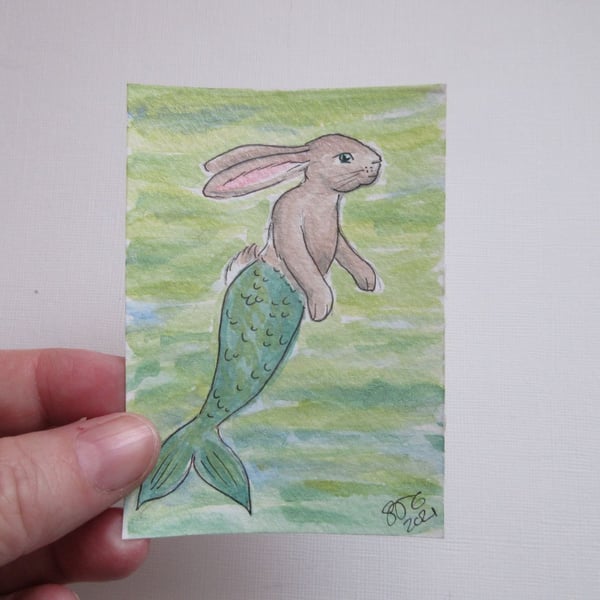 Merbunny ACEO Miniature Painting Watercolour Mermaid and Bunny Underwater 