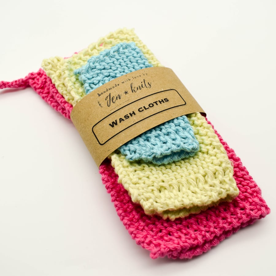 Hand knitted cotton wash cloths - 3 pack - S, M & L, Pink, Yellow and blue