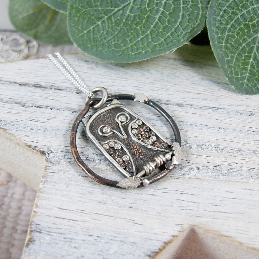 Owl Pendant, Sterling Silver and Copper One of a Kind Necklace