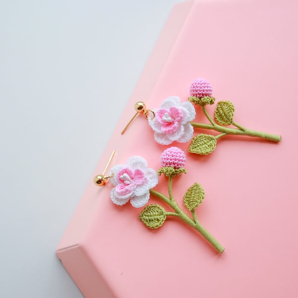 Handmade crochet pink and white camellia with bud and branch earrings