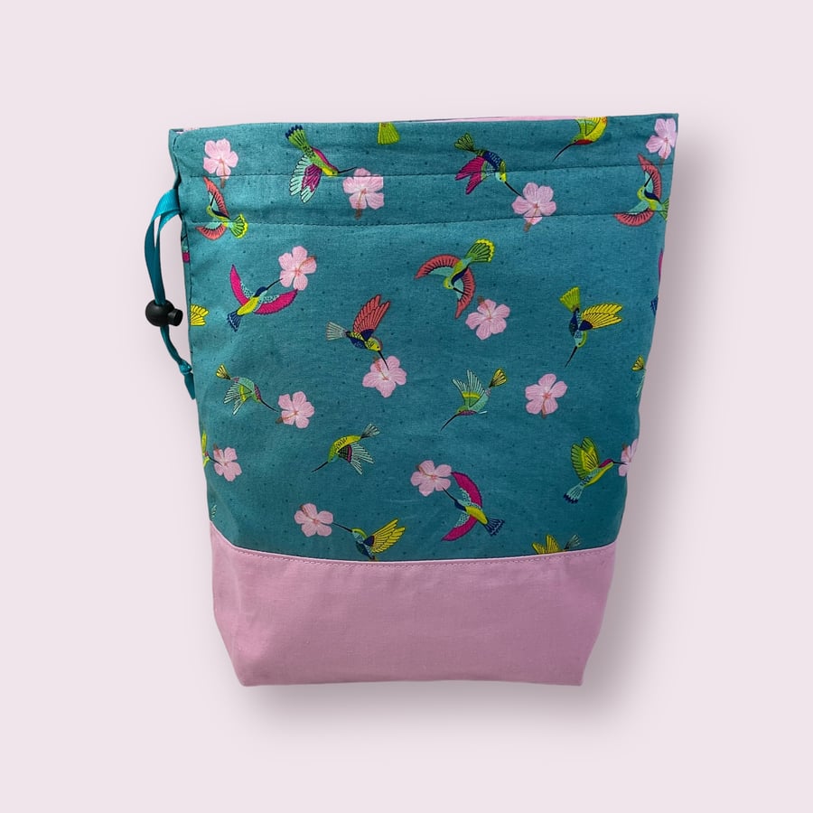 two at a time knitting bag with hummingbird print, drawstring divided pouch, 