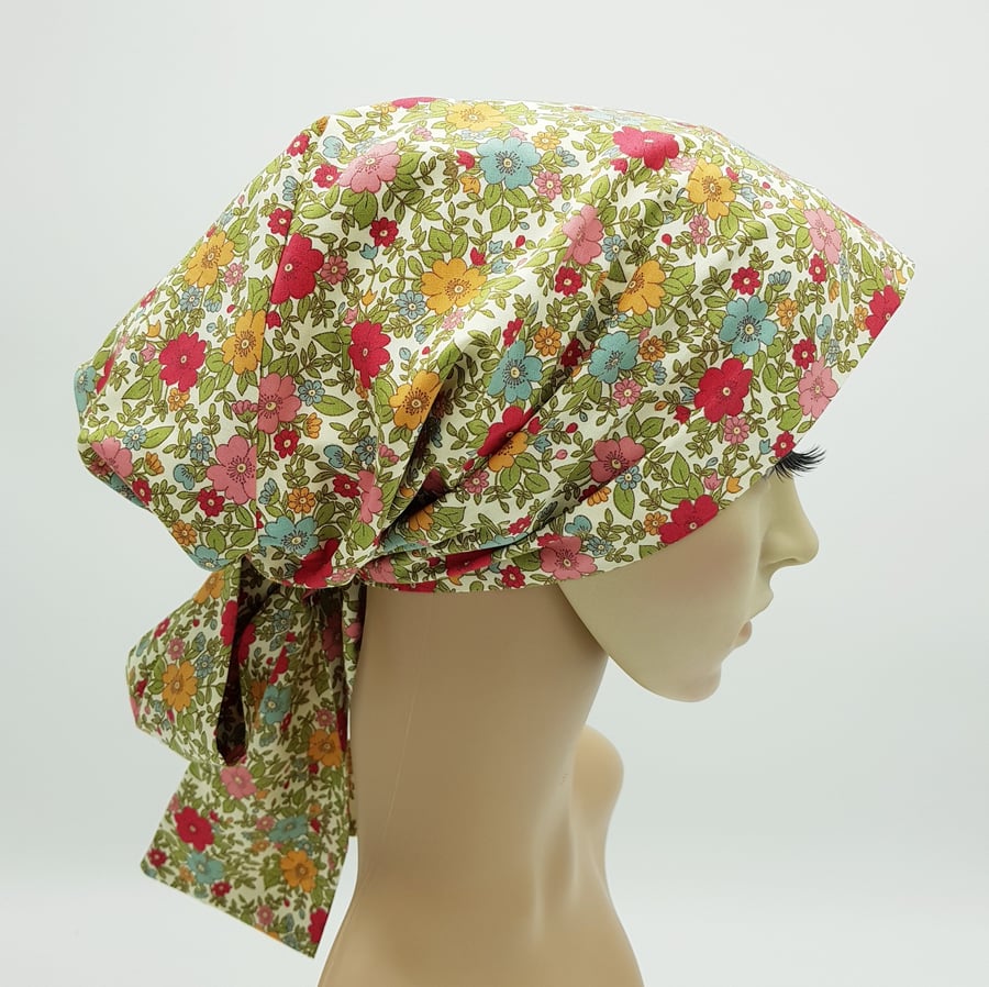 Women's head cover, floral cotton head wear, elasticated bonnet