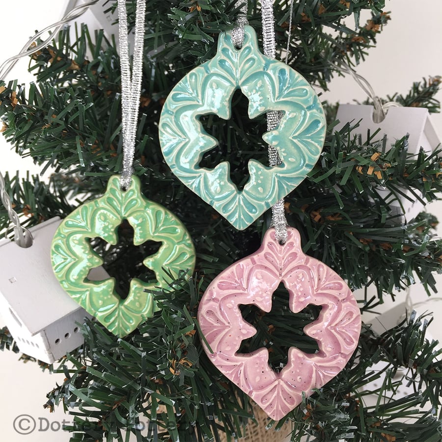 Christmas Baubles set of three pottery Bauble decorations Xmas decorations